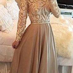  Elegant Long Sleeve Prom Dress,A-line Floor Length Evening Dress