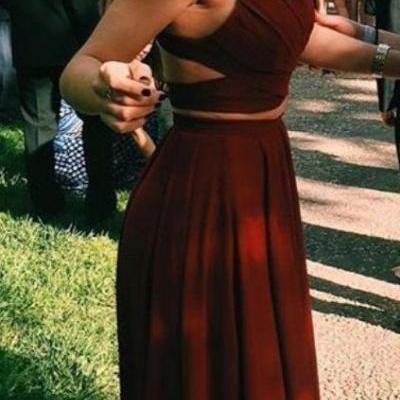 Sexy Two Pieces Prom Dresses,Burgundy A-line Graduation Party Dresses