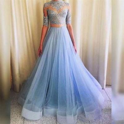 2017 Pretty Light Blue Lace Top and Tulle Skirt Party Dresses, Two Piece Prom Dresses,High Neck Half Sleeve Evening Dress