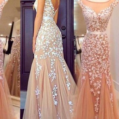 Glamorous Mermaid Bateau Tulle Floor Length Champagne Cocktail/Prom Dress With Appliques