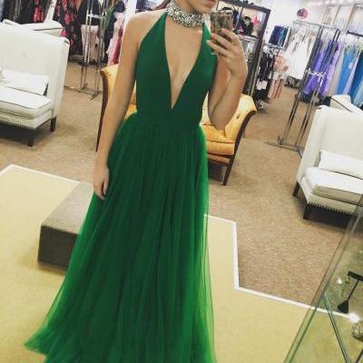 Deep V Neck Prom Dress, Tulle Prom Dress, A-line Long Prom Dress, Green Prom Dress, Sexy Woman Evening Gown, Party Dress