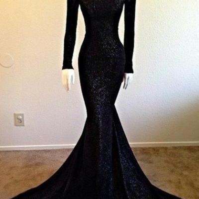  Sexy Mermaid black sequin prom dress,long sleeves halter evening dress