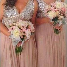 A-Line V-Neck Floor-Length Empire Pink Chiffon Bridesmaid Dress with Sequins