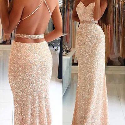 Sequins Lace Mermaid Prom Dress,Open Back Long Prom Dress,Sequins Formal Dress