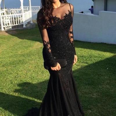  Mermaid Black Long Sleeves Prom Evening Dress with Appliques