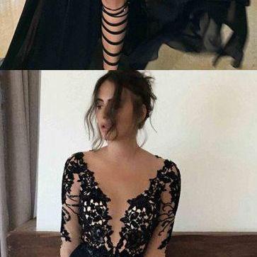A-line Prom Dress,Black Long Sleeve Prom Dress,2017 Sexy Prom Dress,Long Black Evening Dresses