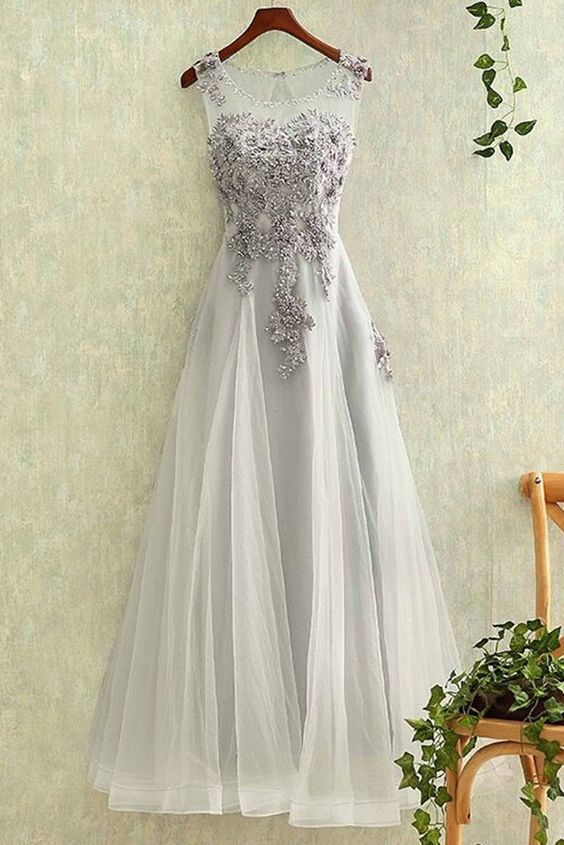 Gray Tulle Round Neck Lace Applique See-through Long Evening Dresses