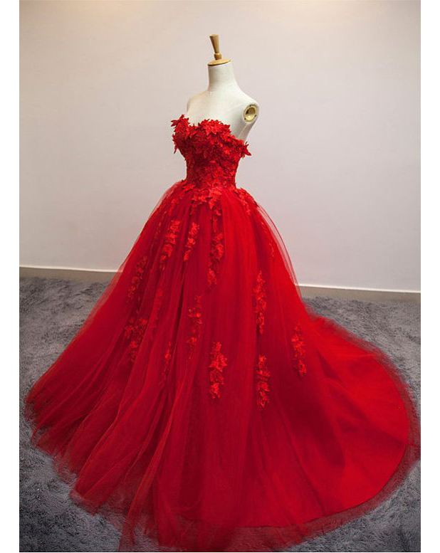 Selling Wedding Dress,a-line Wedding Dress,ball Gown Wedding Dress,poofy Sweetheart Bridal Dress,red Floral Lace Long Wedding Dress,strapless