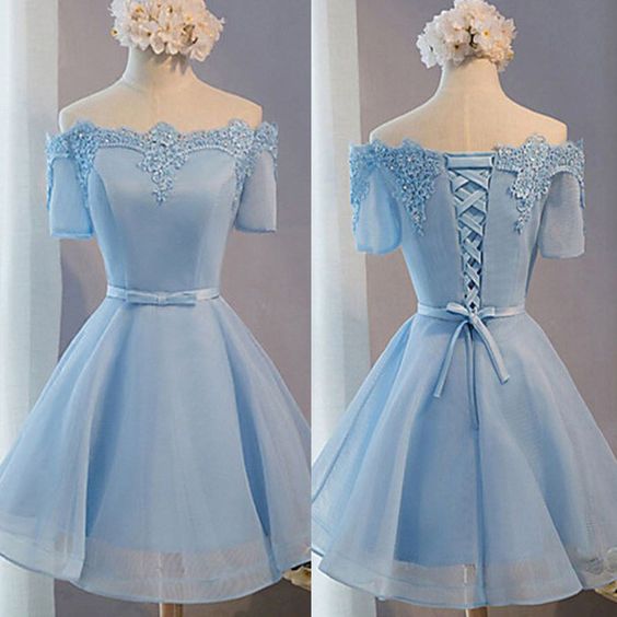 Light Blue Off Shoulder With Short Sleeve Lace Lovely Homecoming Prom Dresses