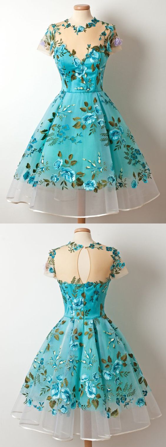 A-line Jewel Tea-length Short Sleeves Blue Organza Homecoming Dress With Embroidery Appliques