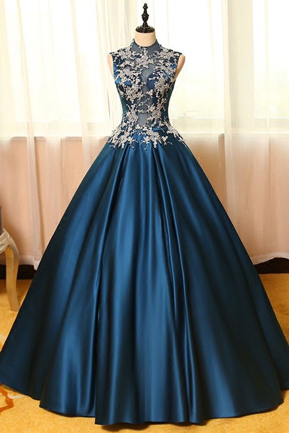 Blue Satin Lace Applique Round Neck See-through A-line Long Prom Dresses,ball Gown Dresses