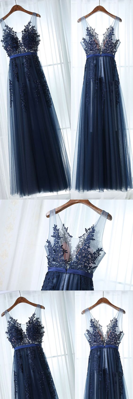 chinese dress ladies Modest Halter Lace Top A-Line Dark Blue Bridesmaid Dresses Long with Side  Slit main image 0