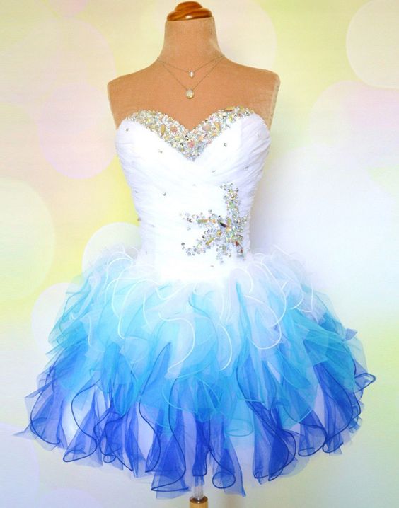 A-line Strapless White/blue Short Prom Dresses, Homecoming Dresses on ...