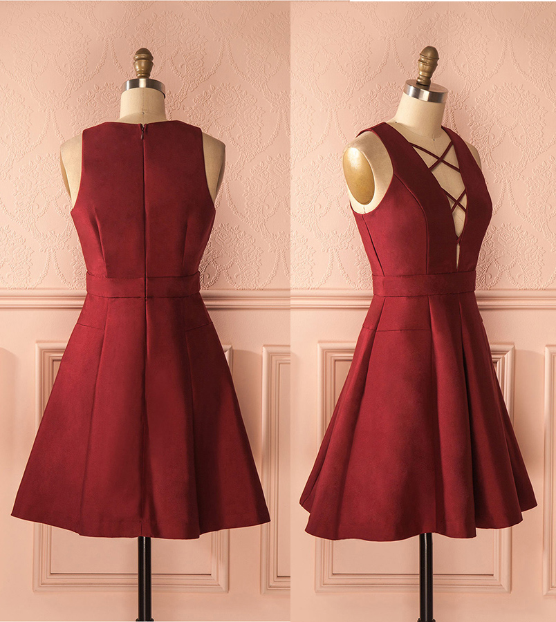 A-line Homecoming Dresses,v-neck Sleeveless Lace-up Short Prom Dress,short Burgundy Homecoming Gown,satin Homecoming Dress,simple Party Gown