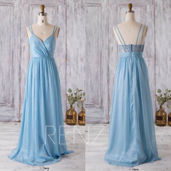 Sky Blue Bridesmaid Dress, V Neck Wedding Dress, Spaghetti Straps Prom Dress With Lace, Open Back Evening Gown Floor Length
