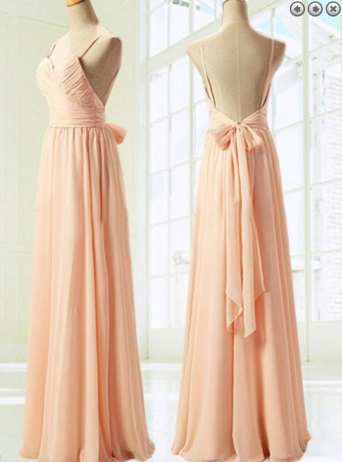 A-line Spaghetti Straps Backless Long Peach Chiffon Prom/bridesmaid Dress