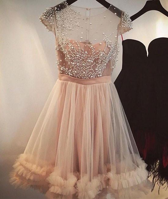Fashion A-line Jewel Cap Sleeves Tulle Short Homecoming Dress With Beading