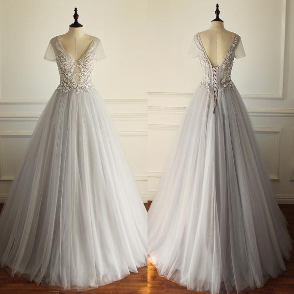2017 Charming Lace Up Back Tulle Short Sleeves Gorgeous V Neck Sexy Pretty Wedding Dress , Bridals Dress