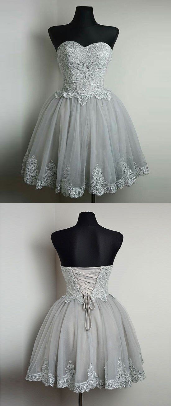 Strapless Sweetheart Neck Grey Dresses Lace Appliqued Short