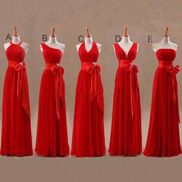 Mismatched Junior Chiffon Red Long A Line Formal Maxi Bridesmaid Dresses With Bow