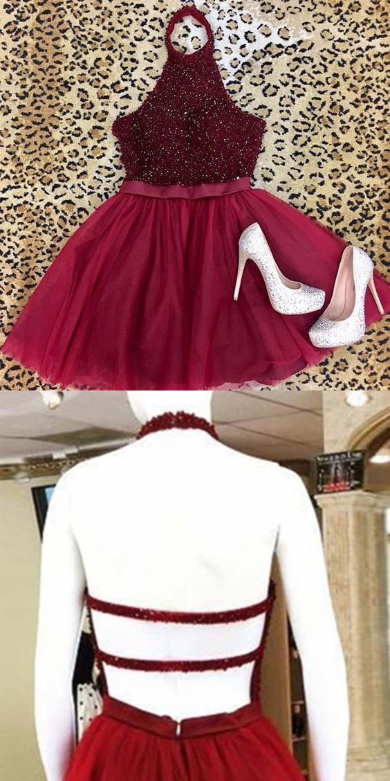 Sexy A-line Halter Backless Burgundy Tulle Homecoming Dress With Beading