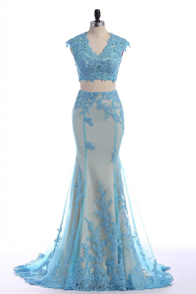 Lace Appliqud Floor Length Two Piece Prom Dress Featuring Plunge V Cropped Bodice And Mermaid Skirt