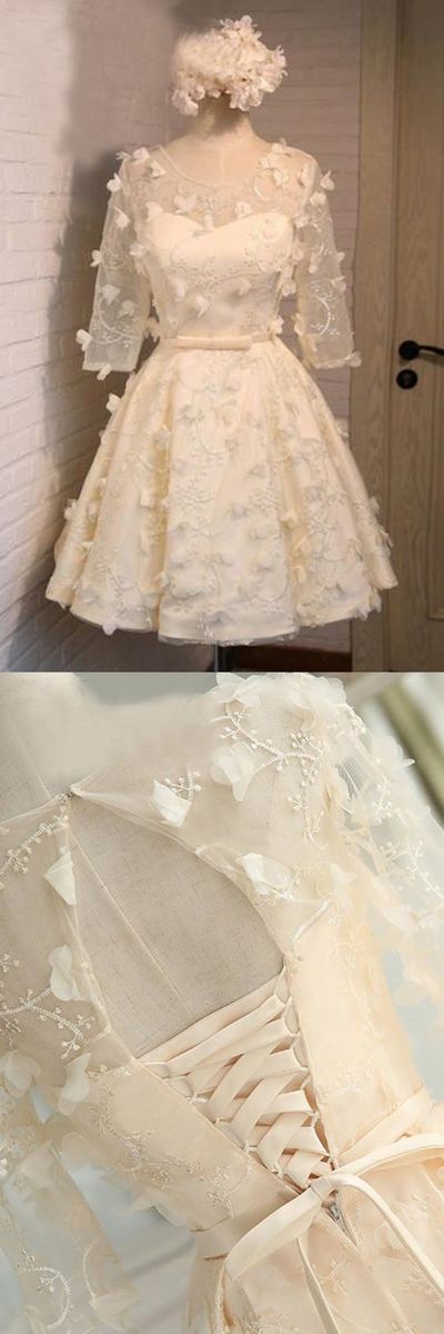A-line Crew Above-knee Half Sleeves Tulle Homecoming Dress With Appliques