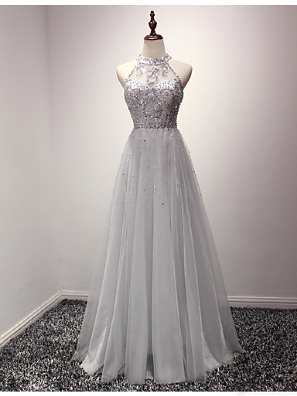 A-line Halter Sequins Tulle Floor Length Prom Dresses Evening Dresses