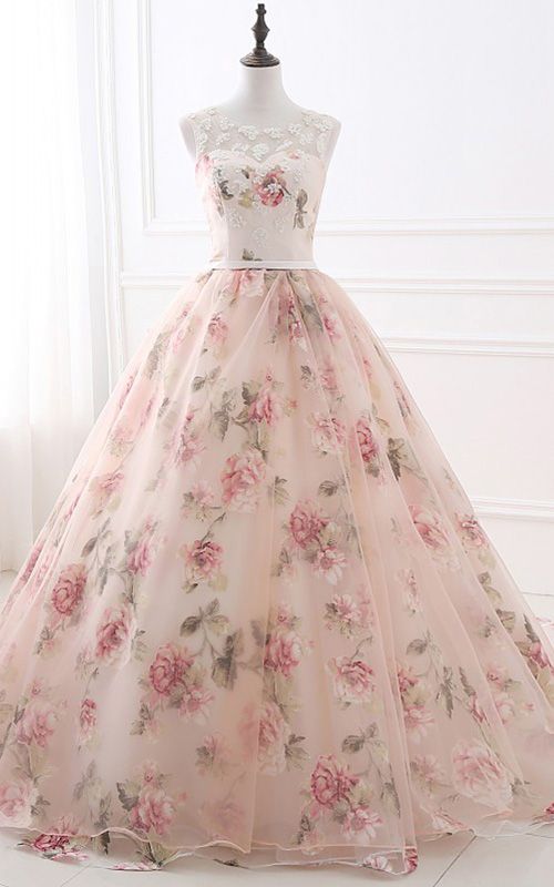 Flowers Pearls Pattern Appliques Organza Floor Length Ball Gown Sleeveless Long Prom Dress