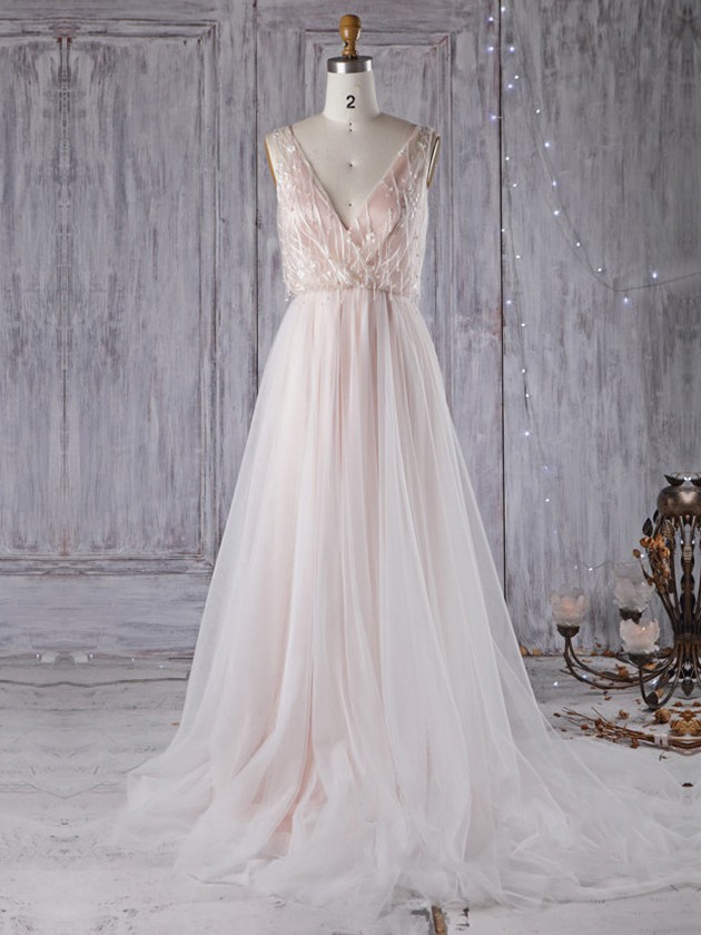 A-line V-neck Tulle Sweep Train With Appliques Lace Wedding Dresses