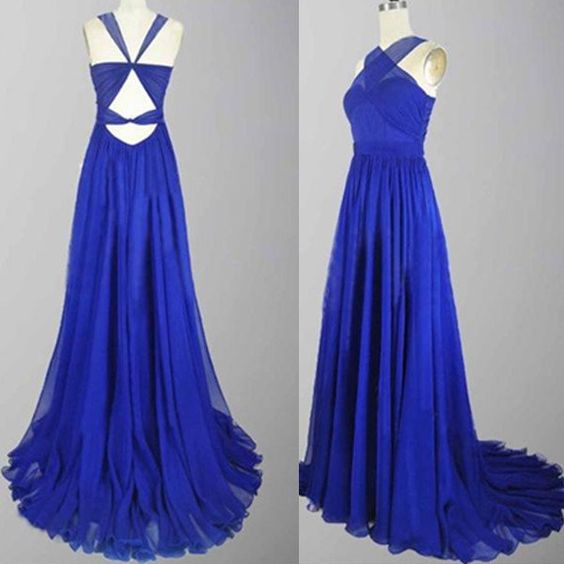 A-line Floor Length Chiffon Sleeveless Royal Blue Long Prom Dresses