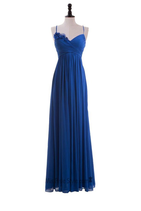 Royal Blue Floral Embellished Ruched Plunge V Spaghetti Straps Floor Length A-line Formal Dress, Prom Dress