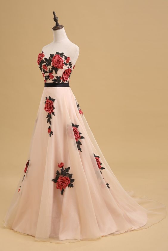 Elegant Sweetheart Prom Dress, Open Back A-Line Prom Dress, Floral Printed Long Prom Dress