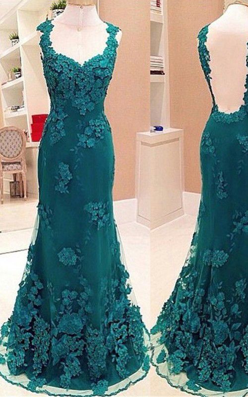 Trumpet Mermaid Scoop Neck Dark Green Tulle Appliques Lace Long Prom Dress