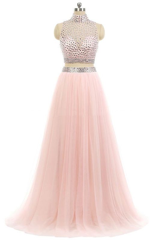 High Neck Pink Tulle Sweep Train Beading Two Pieces Long Prom Dress
