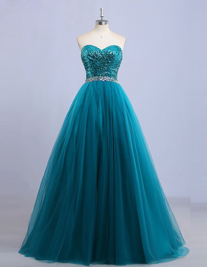 A-line Strapless Sweetheart Neck Sequin Lace Long Prom Dresses