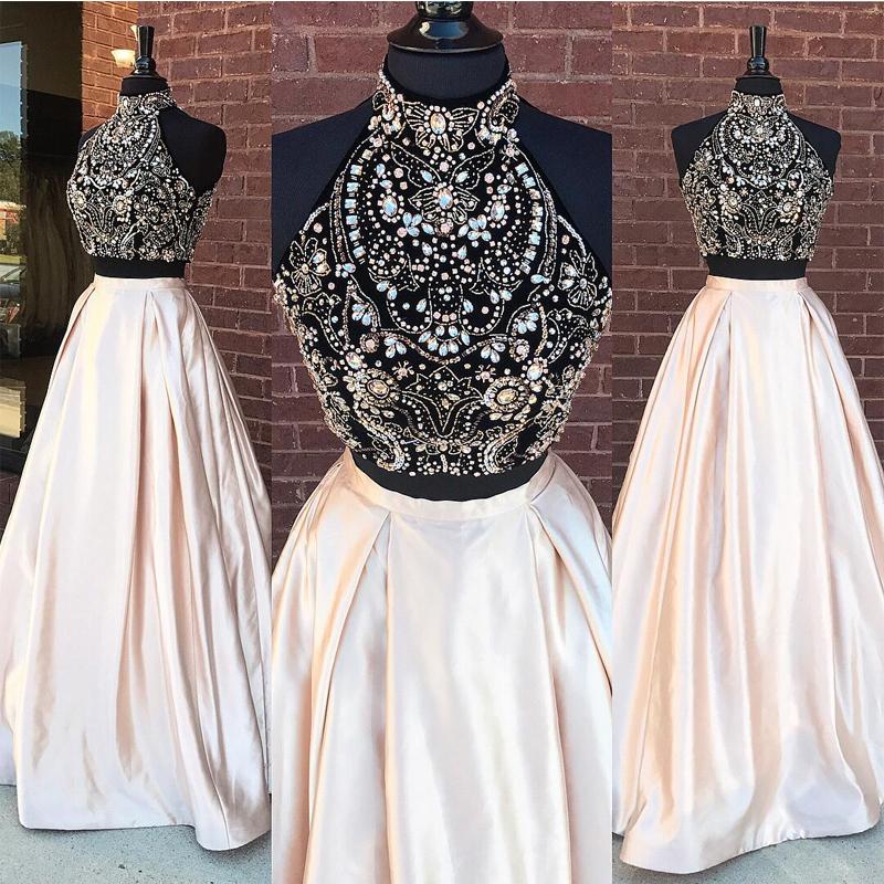 2 Pieces Halter Satin Rhinestone Beaded A-line Prom Dresses, Evening Dresses