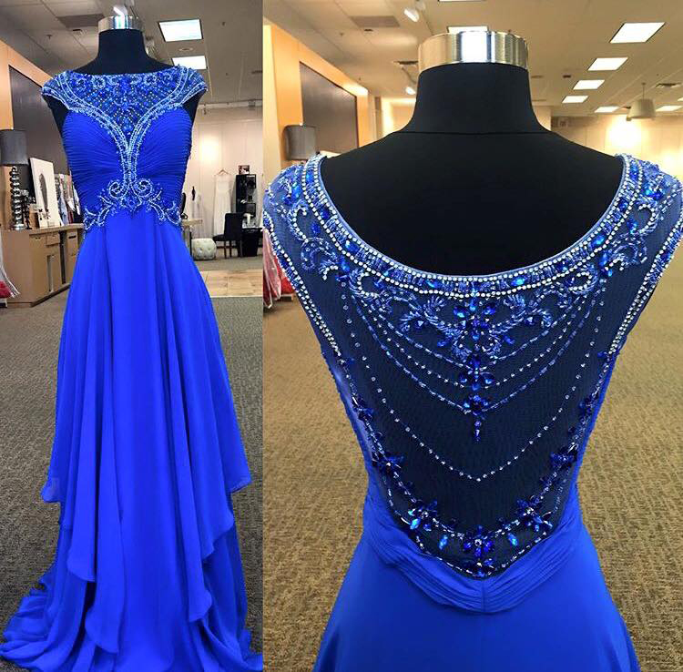 Royal Blue Chiffon With Beaded Prom Dresses,long Formal Dresses