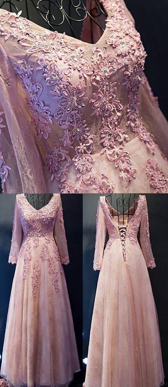 Long Sleeve Evening Prom Dress Long Pink Prom Dresses With Tulle Lace Up Lace Magnificent Dresses