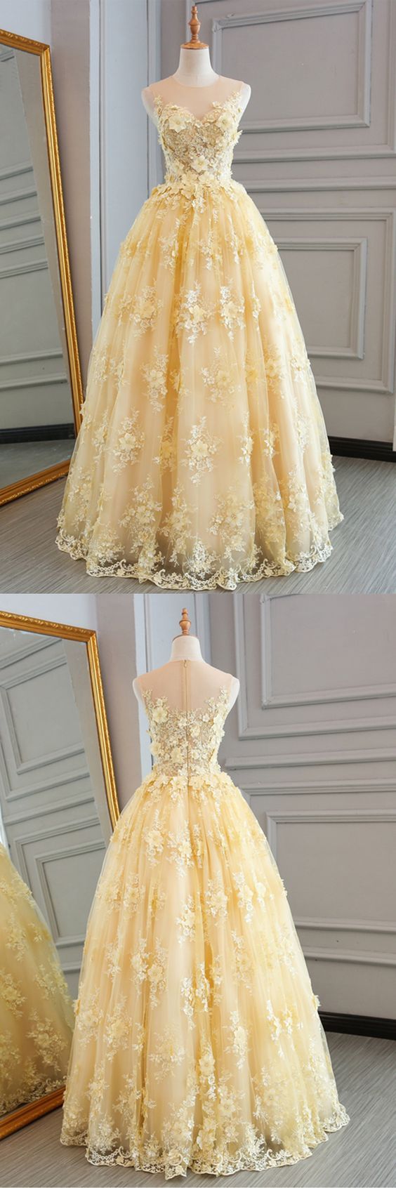 Yellow Tulle Lace Prom Dress, Ball Gown, 2018 Prom Dresses,pd 256
