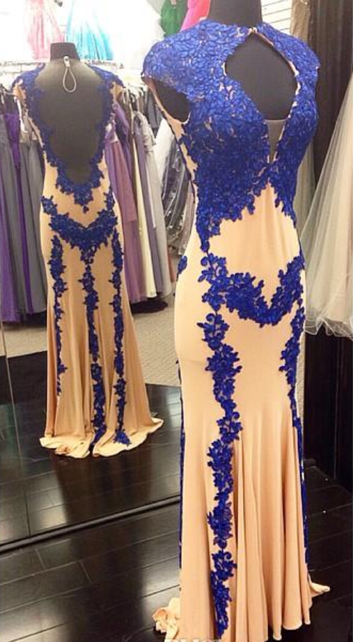 High Neck Royal Blue Lace Appliques Prom Dresses Gown Long Sheath Column Backless Lady Formal Evening Gowns Skin Chiffon,pd 274