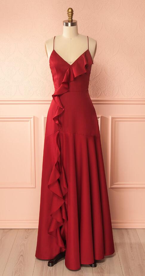Simple Burgundy Prom Dress,v Neck Long Prom Dress,lace Up Back Formal Dress,prom Dress With Ruffles,pd 274