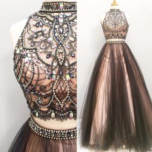 Elegant Two Pieces Prom Dresses,beadings Evening Dresses,grey Ball Gown
