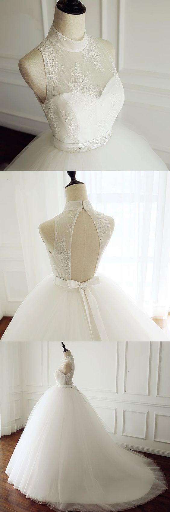 High Neck Open Back Tulle Ball Gown Wedding Dresses,w329