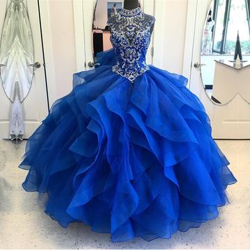 High Neck Crystal Beaded Bodice Corset Organza Layered Quinceanera Dresses Ball Gowns 2018,pd333