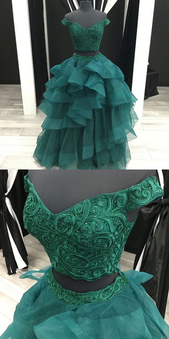 Elegant Two Piece A-line Off-the-shoulder Green Tiered Long Prom Dress With Appliques,pd349