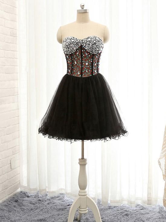 A-line Sweetheart Homecoming Dress Black Tulle Short Prom Dress ,h369