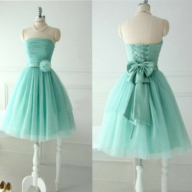 Lovely Strapless Mint Tulle Short Prom Dresses For Teens, Flower Bow Sash Lace Up Party Gowns Party Dress,h437