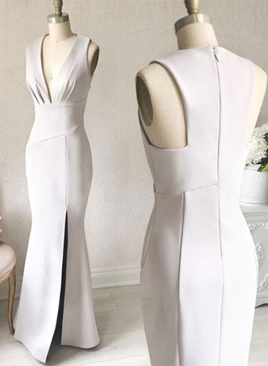 Simple White V-neck Sheath Prom Dress,long Formal Dress With Slit Side ,p461
