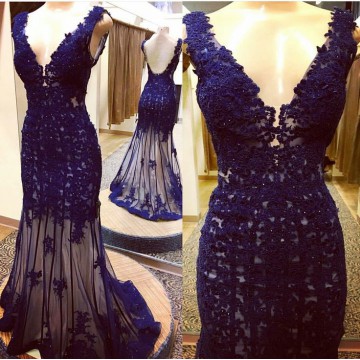 2017 Custom Made Royal Blue Lace Prom Dress,deep V-neck Evening Dress,sexy Backless V-back Party Gown,mermaid Prom Dress,p467